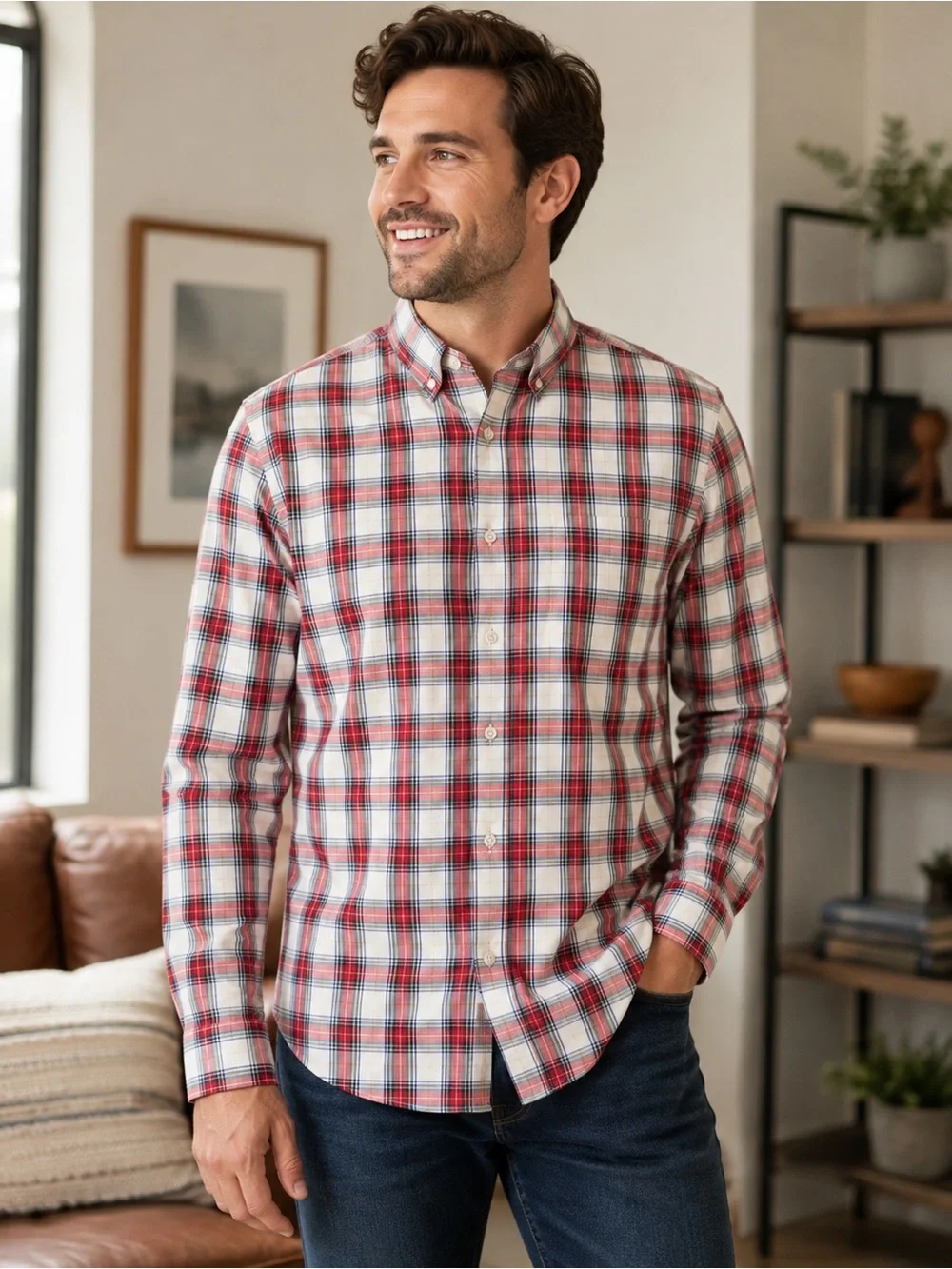 NWT J.Crew Men’s Medium Red Plaid Slim Untucked Fit Stretch Cotton Shirt